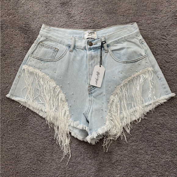 Twelve By Ontwelfth Pants - Pearl-Embellished Light Blue Fringe Denim Shorts